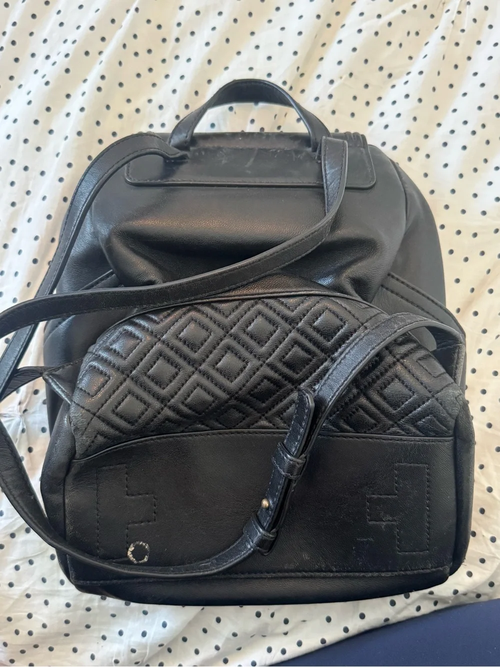 Tory Burch Black Quilted Front Pocket Leather Backpack with Tassels